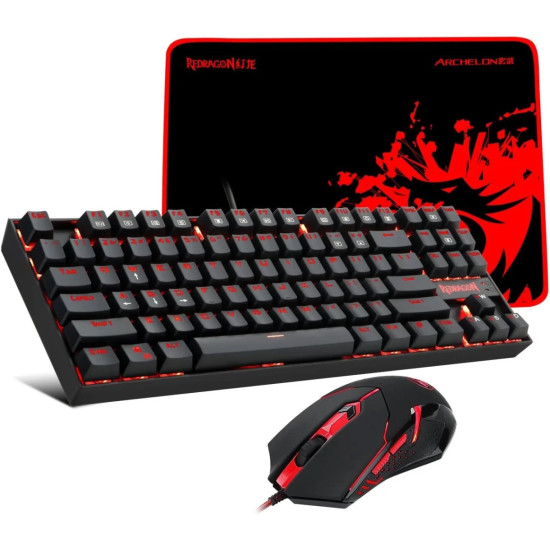 Redragon - K552-BA Mechanical Keyboard & Mouse & Large Mouse Pad Combo - 87 Key LED Backlit Adjustable Brightness and Breathing Effects - 100% Anti-Ghosting (Keyboard, Mouse, Mousepad Set) - Blue Switch