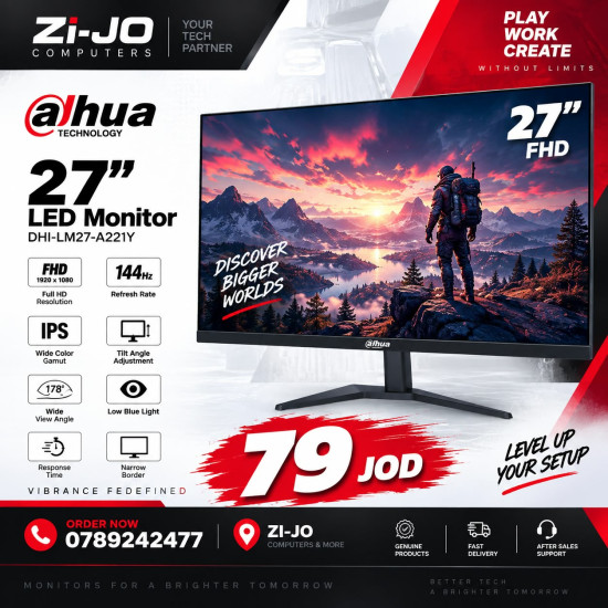 Dahua LM27-B221S 27” IPS Full HD 144Hz 1ms Anti-blue Light Design 99% sRGB HDMI & Display Port Interface w/ Multimedia Speakers - Black