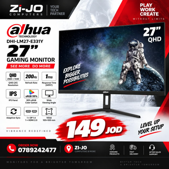 Dahua DHI-LM27-E231BN Gaming Monitor (27" (FHD, 1920 x 1080) IPS Display | 200Hz | 0.5ms | 16:9 | 16.7M Colors | 1 x HDMI 2.0 & 1 x DP 1.4 | Adaptive Sync, FreeSync Compatible | Eye Care, Flicker-Free | HDR Ready | Gaming-Optimized