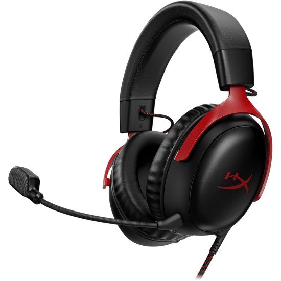 HyperX Cloud III – Wired Gaming Headset, PC, PS5, Xbox Series X|S, Angled 53mm Drivers, DTS Spatial Audio, Memory Foam, Durable Frame, Ultra-Clear 10mm Mic, USB-C, USB-A, 3.5mm – Black/Red