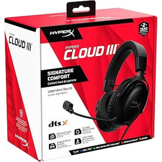 HyperX Cloud III – Wired Gaming Headset, PC, PS5, Xbox Series X|S, Angled 53mm Drivers, DTS Spatial Audio, Memory Foam, Durable Frame, Ultra-Clear 10mm Mic, USB-C, USB-A, 3.5mm – Black/Red