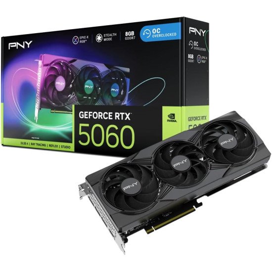 PNY NVIDIA GeForce RTX™ 5060 Epic-X™ ARGB OC Triple Fan, Graphics Card (8GB GDDR7, 128-bit, SFF-Ready, PCIe® 5.0, HDMI®/DP 2.1, 2-Slot, NVIDIA Blackwell Architecture, DLSS 4)