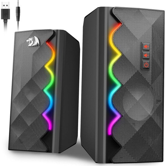 Redragon GS522 Computer Speakers, 2.0 Hi-Fi Stereo Sound PC speaker, 6 Colorful RGB mode Touch Desktop Speakers with USB, 3.5mm Aux-in Cable for PC, Laptop, Tablet, Phone, Xbox, PS4/5.