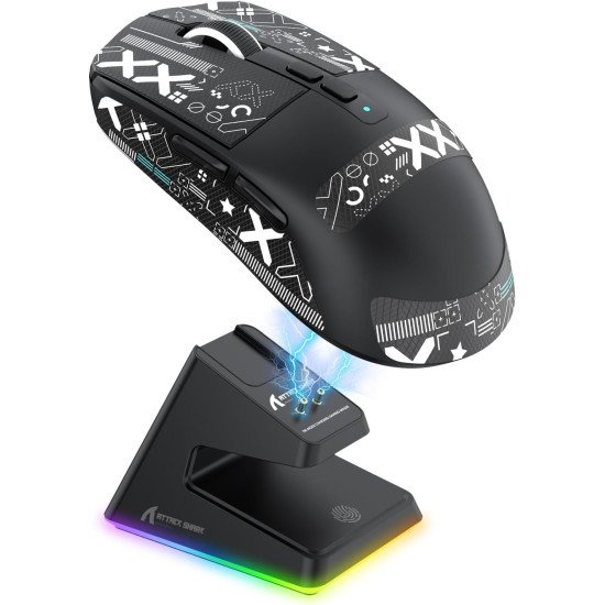 ATTACK SHARK X6 Lightweight Wireless Gaming Mouse with RGB Backlight Charging Base,Tri-Mode Wired/2.4GHz/BT5.2,26K DPI, PAW3395 Optical Sensor
