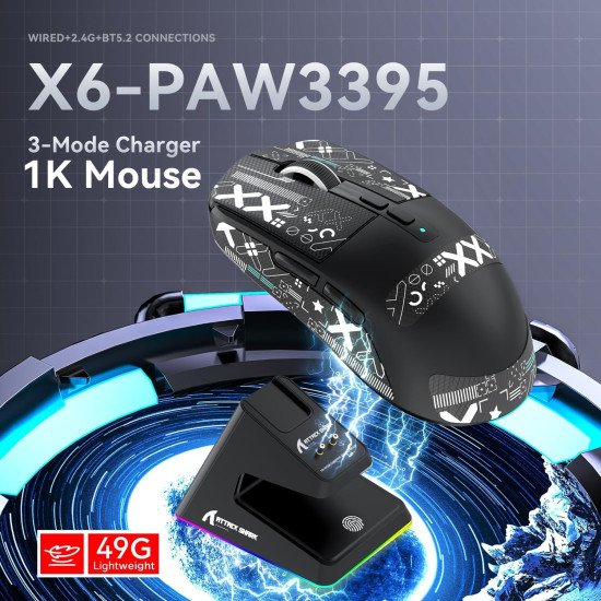 ATTACK SHARK X6 Lightweight Wireless Gaming Mouse with RGB Backlight Charging Base,Tri-Mode Wired/2.4GHz/BT5.2,26K DPI, PAW3395 Optical Sensor