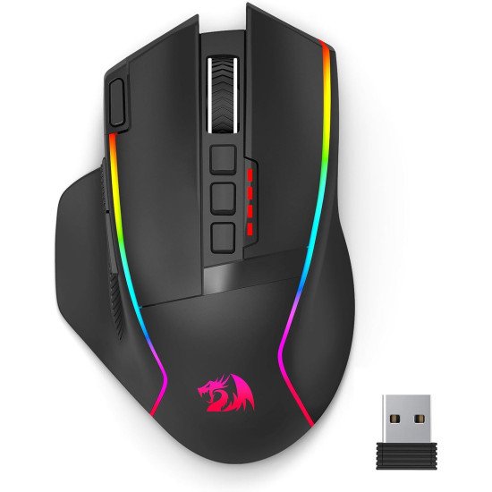 Redragon Wireless Gaming Mouse, Ergonomic Mouse 16000 DPI with Rapid Fire Key, 9 Macro Buttons, 170-Hour Durable Power Capacity and RGB Backlight Wired/Wireless Mouse for Laptop/Mac/PC