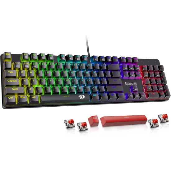 Redragon Mechanical Gaming Keyboard Wired, 11 Programmable Backlit Modes, Hot-Swappable Red Switch, Anti-Ghosting, Double-Shot PBT Keycaps, Light Up Keyboard for PC Mac
