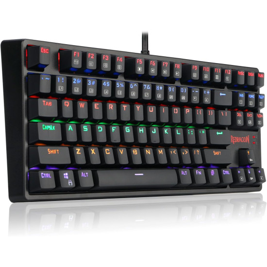 Redragon K576R DAKSA Wired USB LED Rainbow Backlit Compact 87 Keys Mechanical Gaming Keyboard for PC, Laptop, Laptop, Cherry Blue Equivalent Switches (Black)