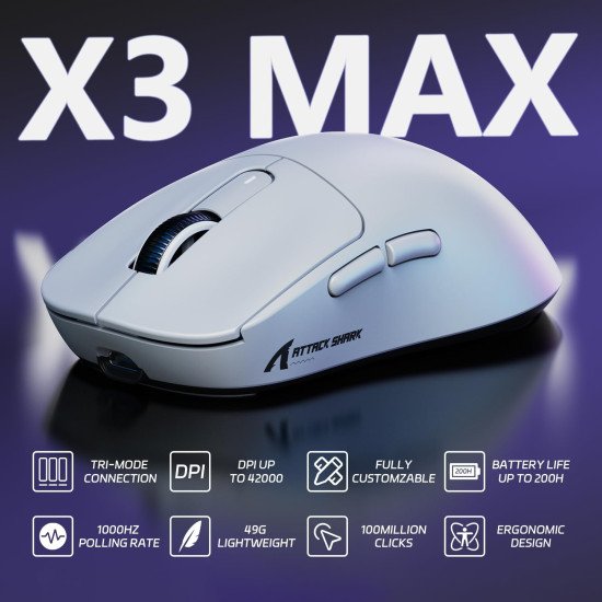 ATTACK SHARK X3MAX Wireless Gaming Mouse,PixArt PAW3950 Gaming Sensor,Up to 42K DPI,100 Million Micro,49g Lightweight Tri-Mode(BT5.2/2.4Ghz/Wired) Mice with Coiled Cable-White