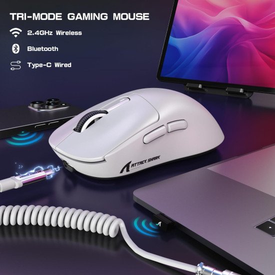 ATTACK SHARK X3MAX Wireless Gaming Mouse,PixArt PAW3950 Gaming Sensor,Up to 42K DPI,100 Million Micro,49g Lightweight Tri-Mode(BT5.2/2.4Ghz/Wired) Mice with Coiled Cable-White