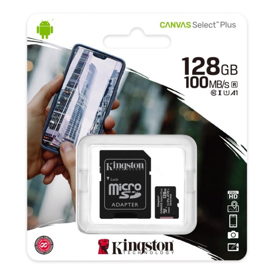 Kingston Memory  SD Card 128GB micSDXC Canvas Select Plus 100R A1 C10 Card + ADP