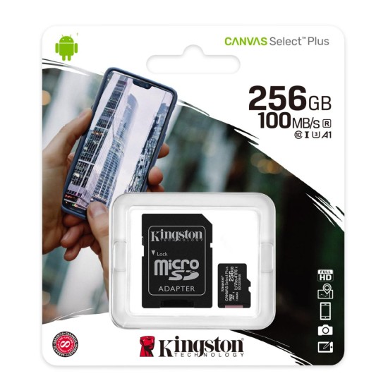 Kingston Memory SD Card 256GB micSDXC Canvas Select Plus 100R A1 C10 Card + ADP