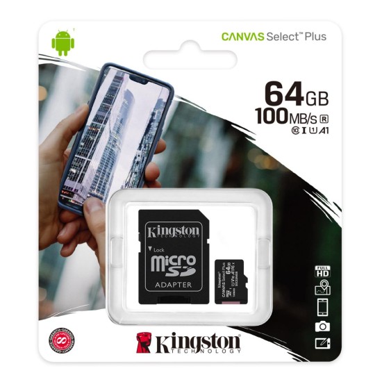 Kingston Memory SD Card 64GB micSDXC Canvas Select Plus 100R A1 C10 Card + ADP