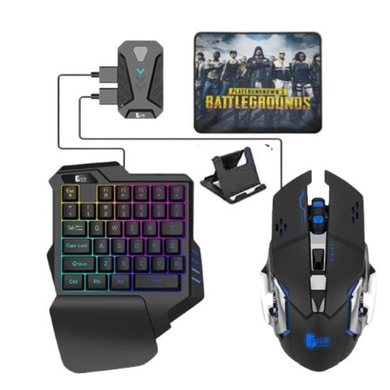 5 in 1 Mobile Game Combo Pack Pro with RGB Mini Gaming Keyboard & Mouse with Side Button, Gaming Adapter with Mobile Game Converter for Android (Wireless (APP Require))