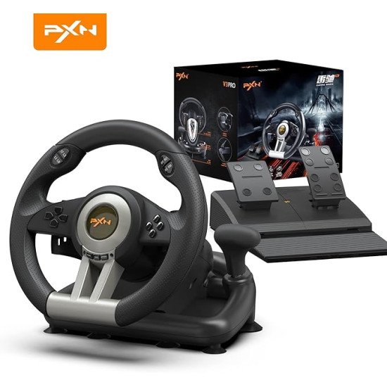 PXN V3 Pro Gaming Steering Wheel, Steering Wheel with Pedal, 180° PC Steering Wheel, Vibration Return, Speed Shift Paddle - Steering Wheel for PC, PS3, PS4, Switch, Xbox One and Xbox Series S & X