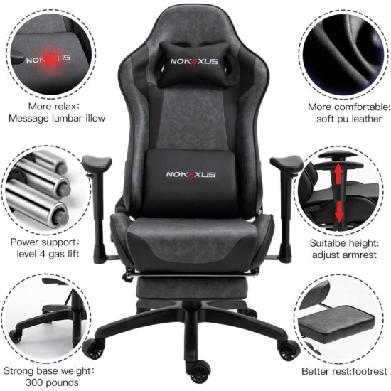 NOKAXUS Gaming Chair w/ Strong Metal Frame, High Density Foam, Leather, Reclining 90-180 Degrees, Footrest, 2D Armrest, Head Pillow & Waist (USB Massage Function) Cushion, Weight Load (100-160 Kg) -