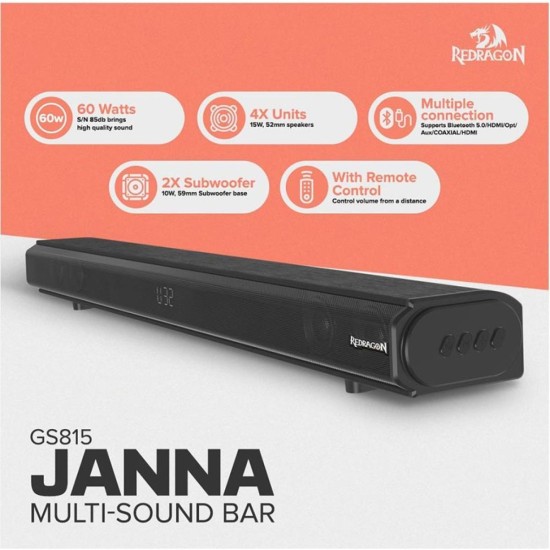 Redragon GS 815 Janna Multi Soundbar For Gaming / TV BT 5.0 / HDM / Opt / Aux / COAXIAL / HDMI Connectivity Home Theater System