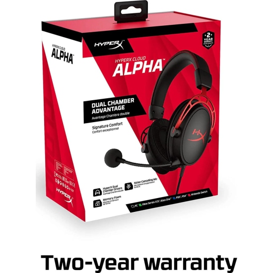 HP HyperX Cloud Alpha Gaming Headset Dual Chamber Drivers Legendary Comfort Aluminum Frame Detachable Microphone – Red