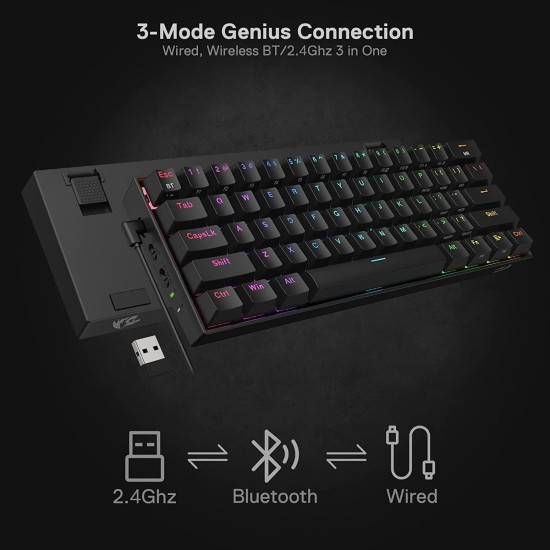 Redragon K530 PRO Draconic 60% Compact RGB Wireless Mechanical Keyboard, 61 Keys Tenkeyless Designed 5.0 Bluetooth Gaming Keyboard and 16.8 Million RGB Lighting for PC, Tablet, Cell Phone